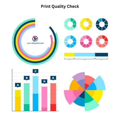 Colorful printer test patterns for evaluating print quality and color accuracy.