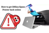 Technician fixing an Epson printer with text "Epson Printer Offline" on a computer screen.