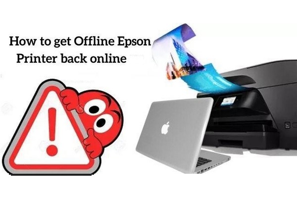 Technician fixing an Epson printer with text "Epson Printer Offline" on a computer screen.