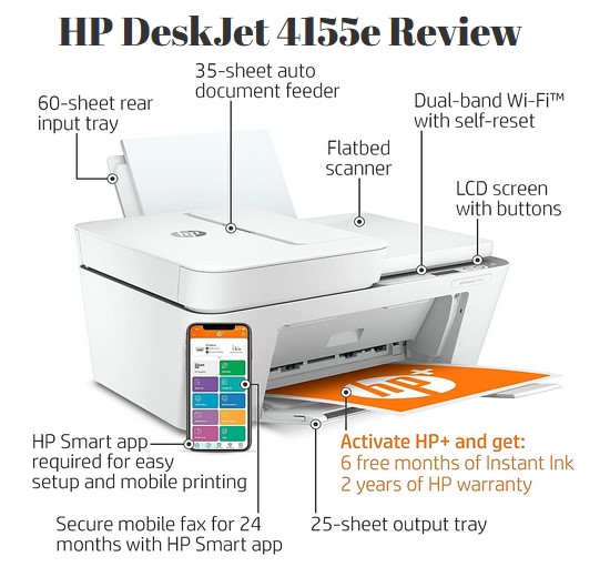 HP DeskJet 4155e review setup guide on screen with wireless instructions.