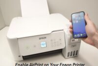 An Epson printer with a laptop and smartphone, illustrating wireless printing with AirPrint.