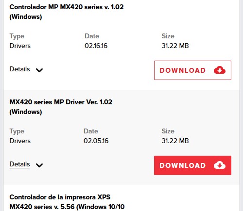 Screenshot of the Canon PIXMA MX420 driver download and installation process on a Windows PC.