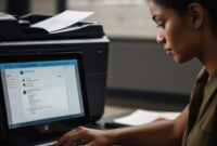 Split image: HP printer Scan and Email a Document to computer screen with an email open, highlighting the streamlined process.