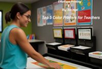 Top 5 Color Printers for Teachers displayed side-by-side. Vibrant lesson plans and worksheets printed on top showcase high-quality results.