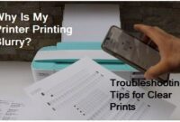 Blurry printed document beside a printer, signifying troubleshooting for clear printing.