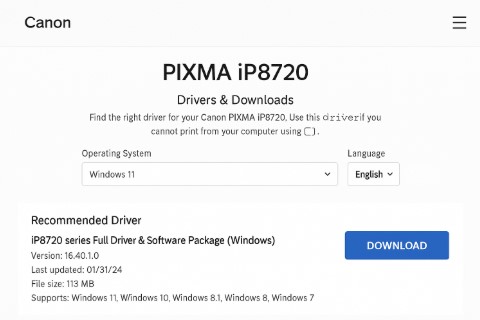 Canon iP8720 driver download page on Canon official website