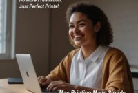 Person using a Macbook computer to effortlessly print a document, resulting in a clean and organized workspace.
