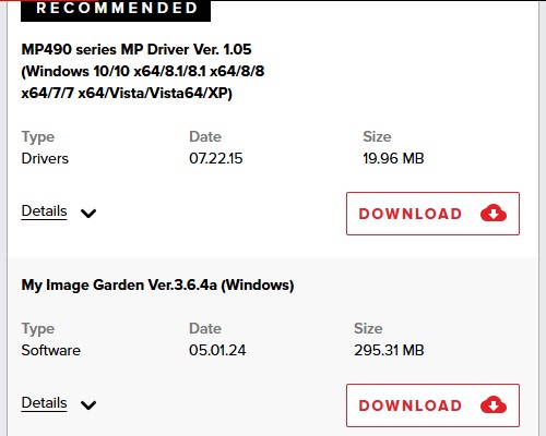 A guide to the Canon support page showing where to select your operating system and download the correct MP490 driver.