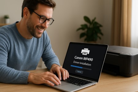 User downloading and installing the Canon PIXMA MP490 printer driver on a Windows laptop.