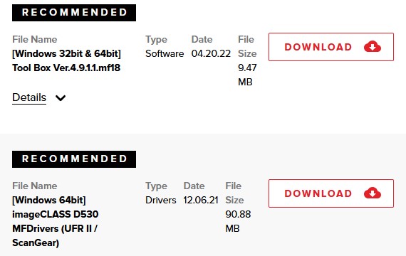 Official website page for downloading the Canon D530 driver on Windows.