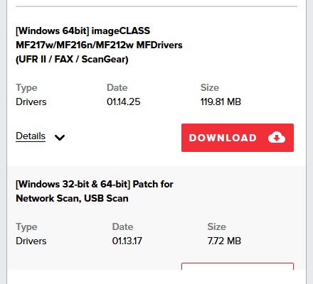 Official Canon website page for downloading the imageClass MF216n printer driver.