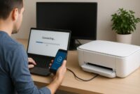 HP ENVY 6055e wireless setup with laptop and mobile phone