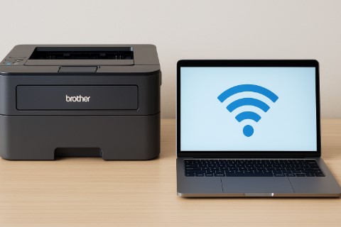 Brother HL-L2380DW wireless printer setup next to laptop