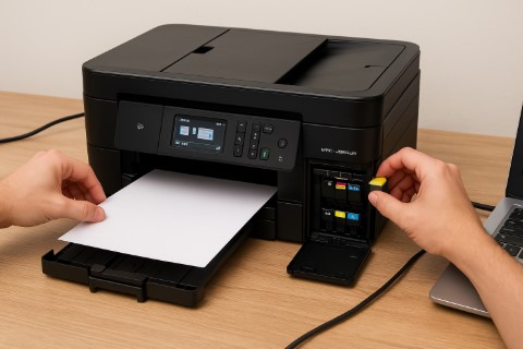 Brother MFC-J995dw printer being set up with clear instructions