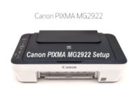 Visual guide for Canon PIXMA MG2922 printer setup on a laptop screen.