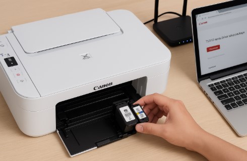 Canon PIXMA TS3100 printer setup process showing wireless connection and driver installation