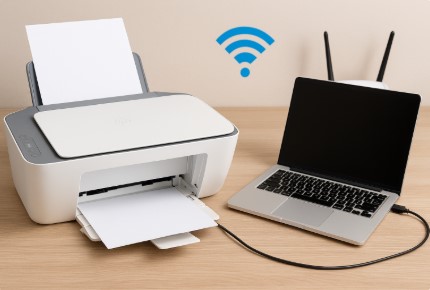 HP Deskjet 4155e printer setup with laptop and WiFi