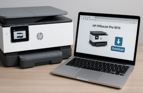 HP OfficeJet Pro 9015 driver download screen on laptop