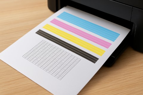 Printer nozzle test page printout with color patterns and alignment marks