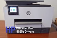 HP OfficeJet Pro 9025e all-in-one printer with paper loaded, prepared for printing tasks.