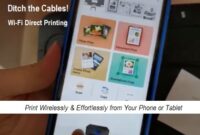 An Android phone with the Wi-Fi Direct Printing symbol transmits data to a nearby printer.