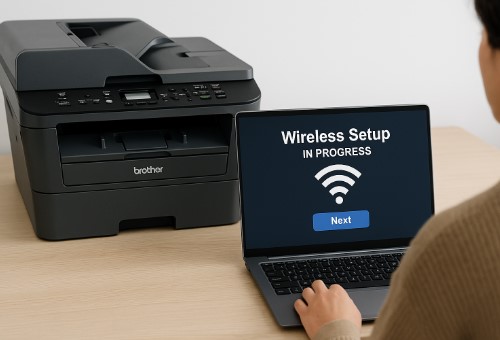 Brother MFC-L2700DW wireless setup process on a laptop