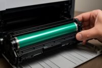 Close-up of a laser printer drum unit showing toner adhesion process