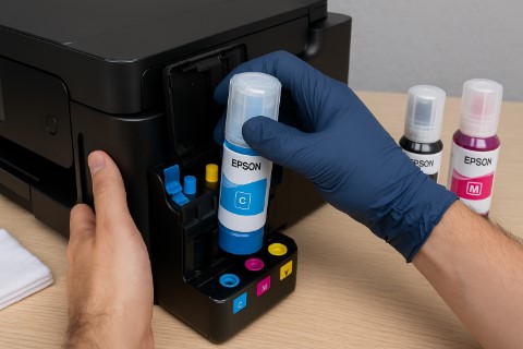 Epson EcoTank ET-15000 ink replacement with ink bottles and refill tanks