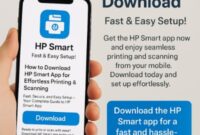 User downloading HP Smart app for mobile printing and scanning.