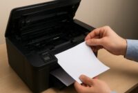 Step-by-step visual guide showing how to safely clear a paper jam from home office printer