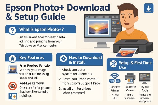 Infographic showing Epson Photo+ photo editing software interface.