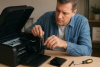 technician troubleshooting printer printing blank pages issue