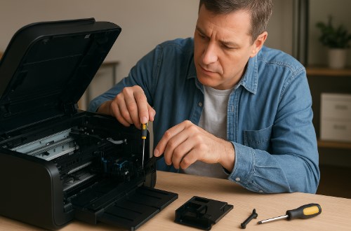 technician troubleshooting printer printing blank pages issue