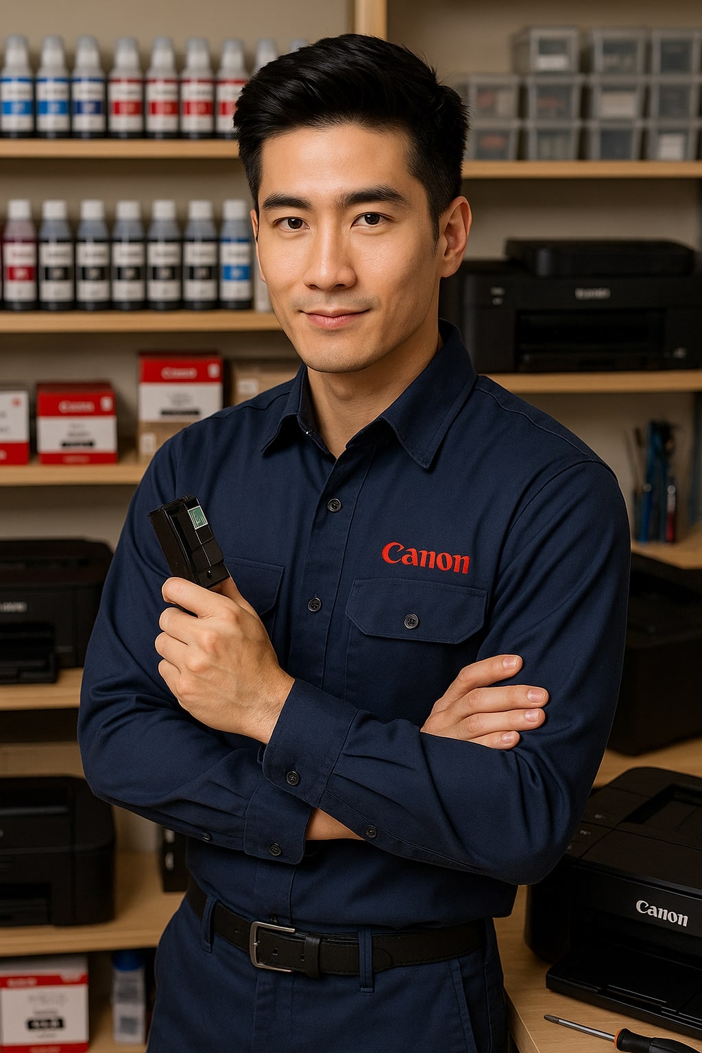 Tobby Stalin in holding ink cartridge in futuristic print lab with colorful ink lights and printer.