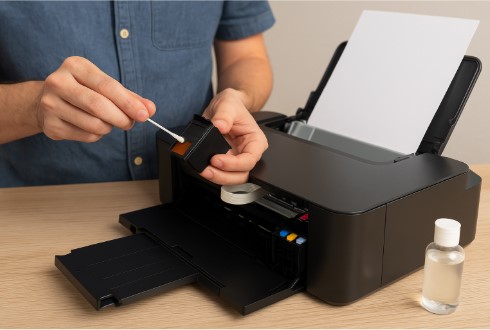 Person performing inkjet printer maintenance by cleaning cartridge nozzles