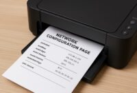 Printer printing network configuration page with IP address and network details