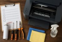Printer maintenance checklist with cleaning tools and instructions