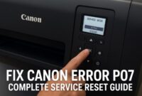 Canon printer showing P07 error code with step-by-step paper feed reset solution diagram