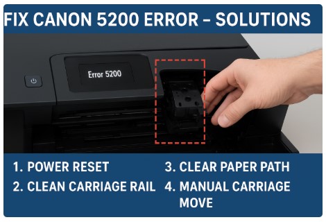 Technician fixing Canon 5200 Error by inspecting carriage unit and paper path