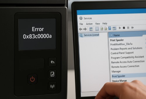 Fix HP 0x83c0000a Now - 3 Proven DIY Solutions 3 HP printer screen showing error HP 0x83c0000a and user restarting Windows Print Spooler service
