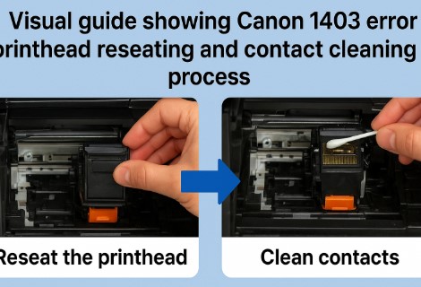 tion “Visual guide showing Canon 1403 error printhead reseating and contact cleaning process.