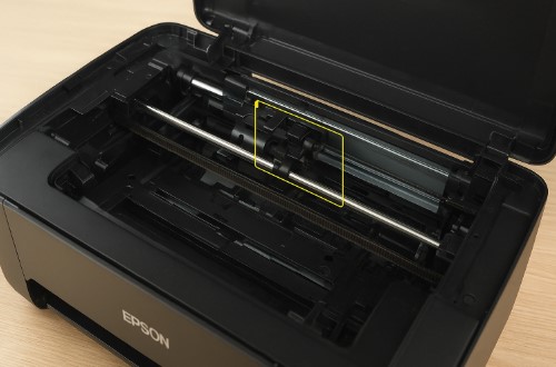 Epson E-02 Error - Epson E-02 scanner error repair steps showing printer mechanism and reset process