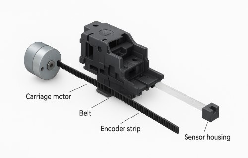 Exploded view: Key parts related to the HP 0x610000F6 error – carriage, encoder strip, and drive belt.